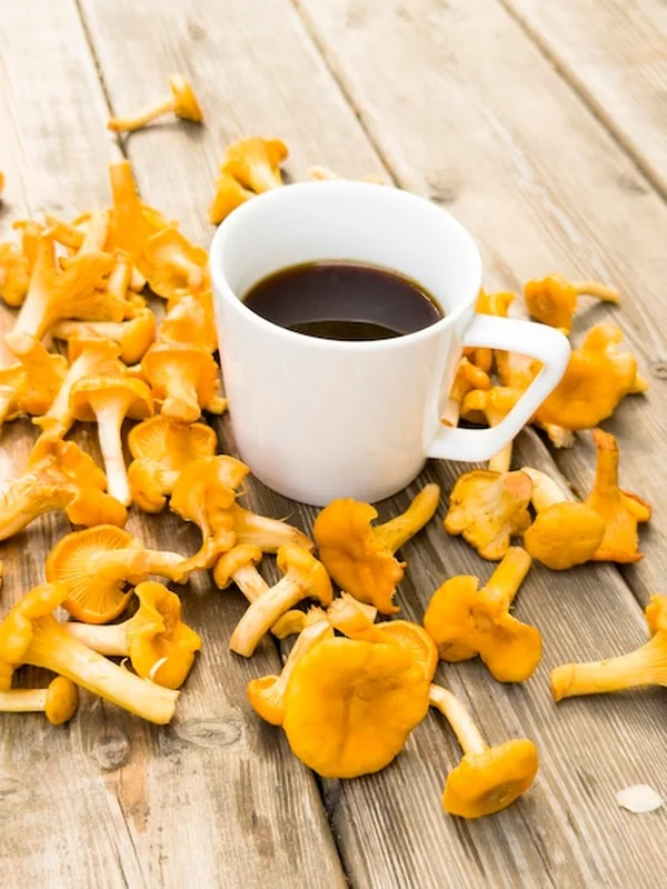 Biały kubek kawy i herbaty otoczony grzybami na tle starego drewna