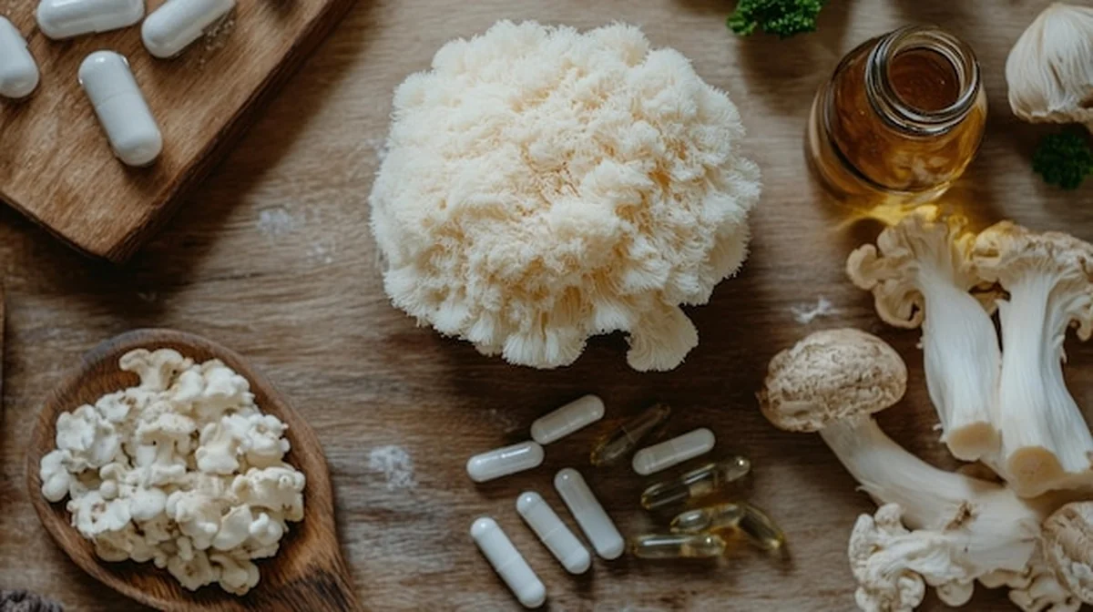 Różne suplementy zdrowotne na drewnianym stole