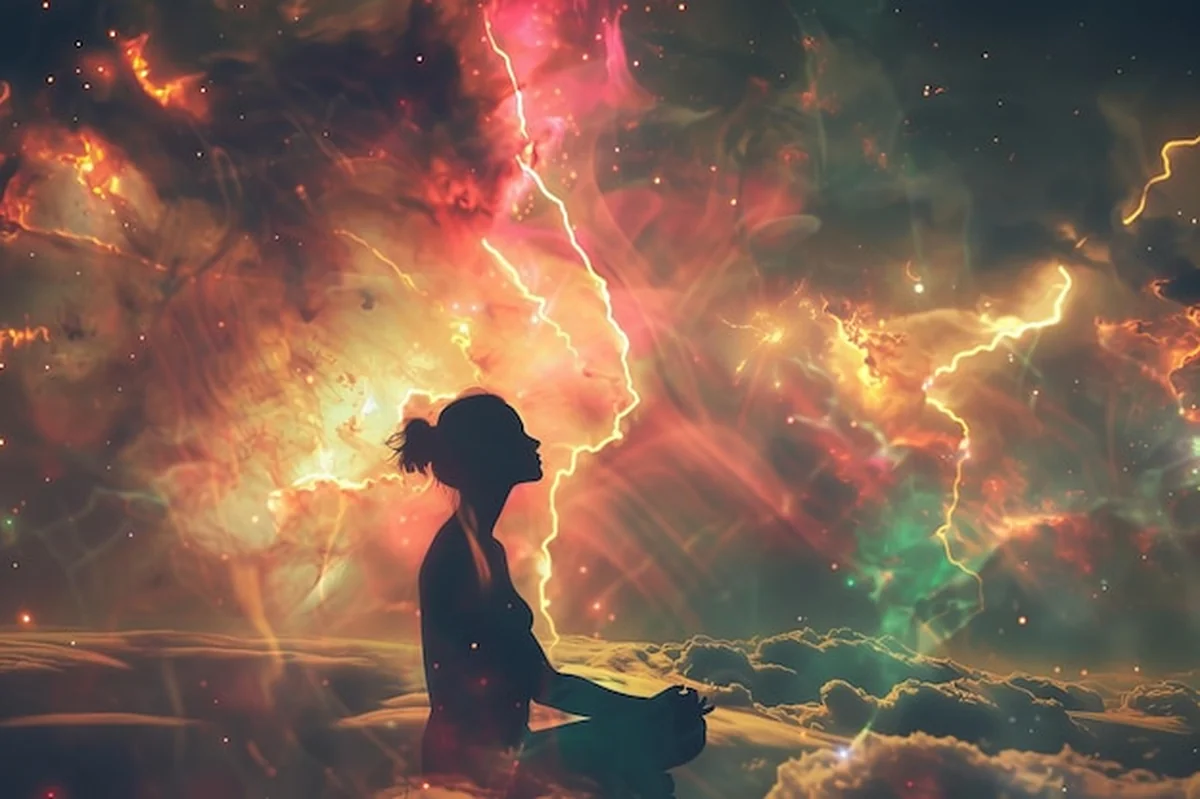 Kobieta medytująca w mgławicy z wiązkami energii